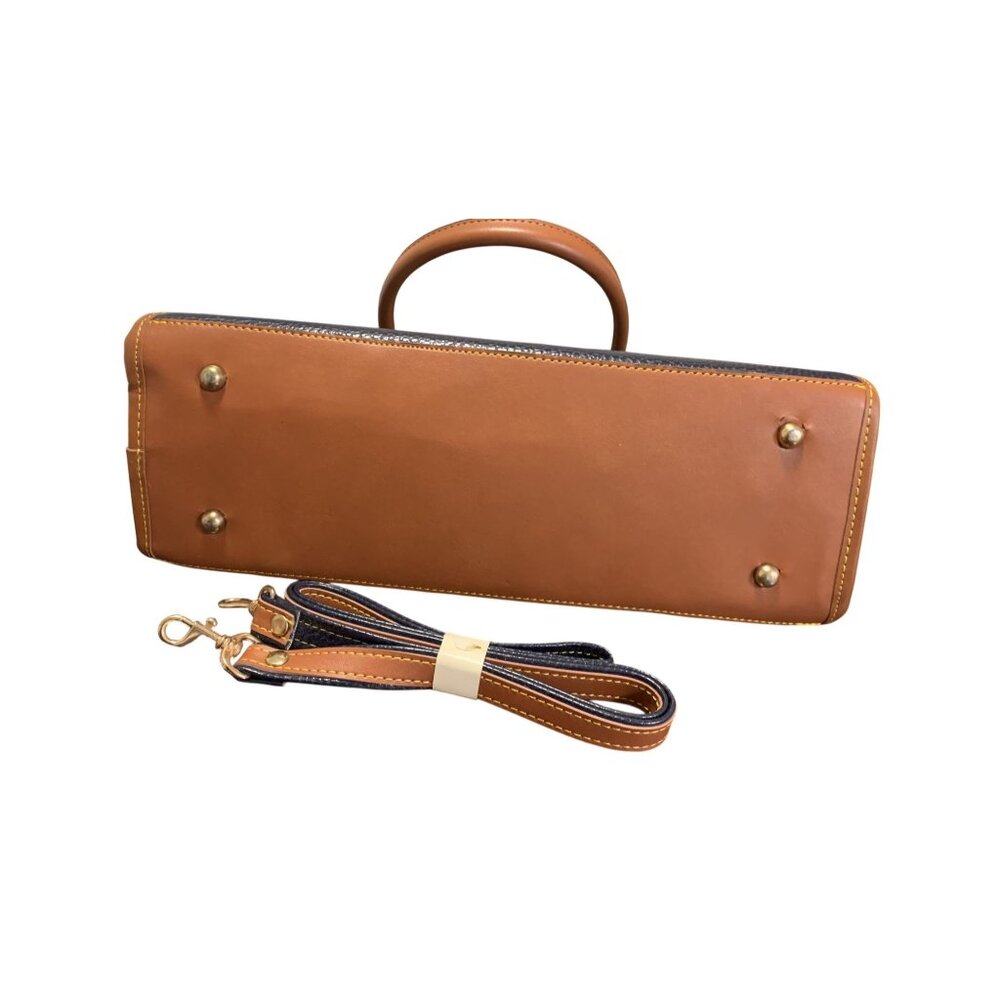 Dooney & Bourke Pebble Grain Navy Tan Leather Hand Shoulder Bag Brass Hardware - Picture 2 of 11